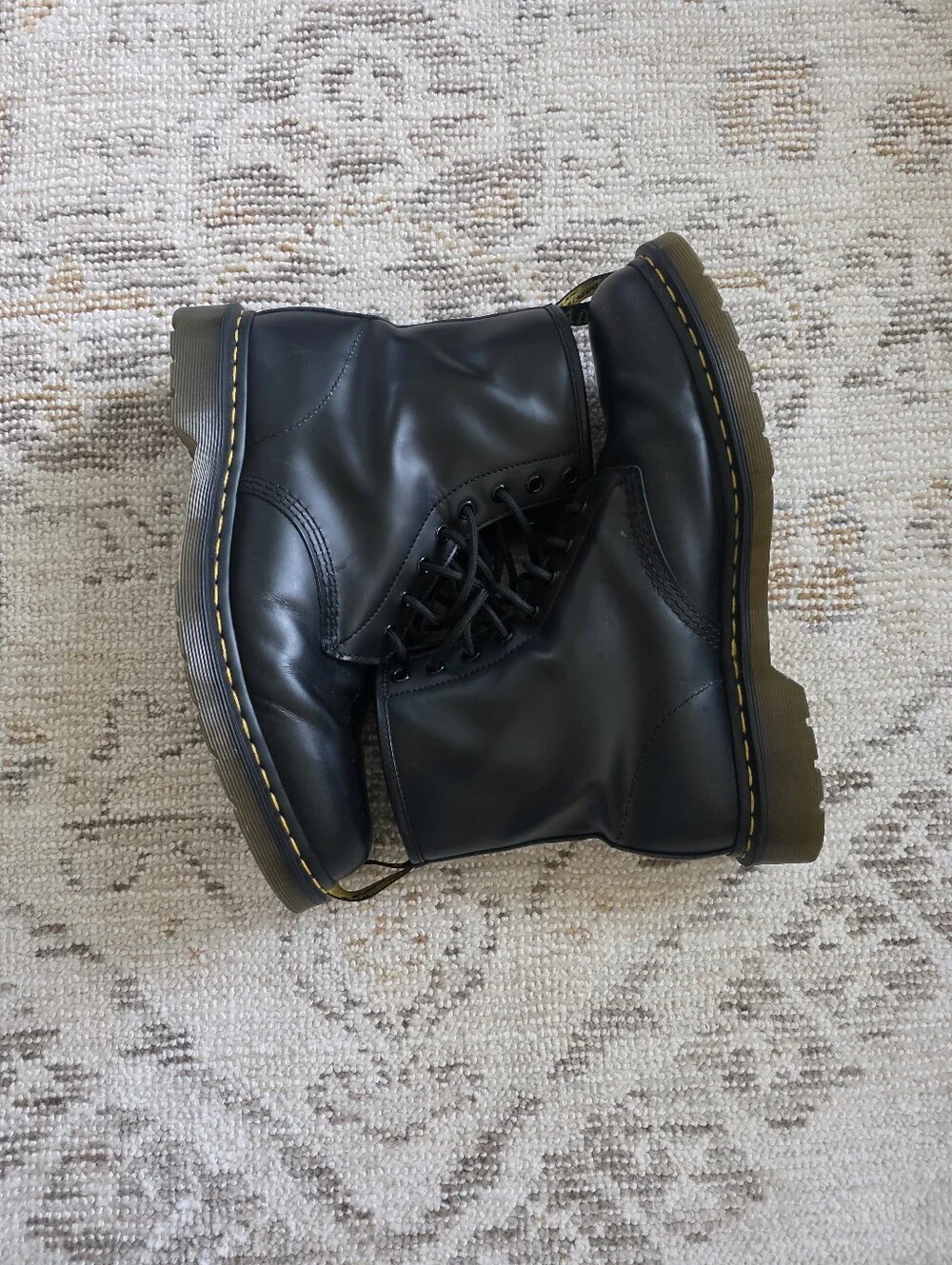 Dr. Martens Black Leather Lace-Up Boots with Yellow Stitching